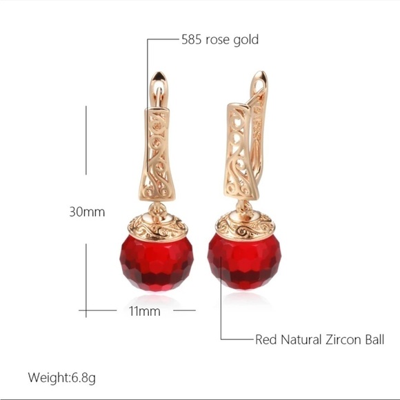 Rose Gold Plated Red Zircon Dangle Earrings - Picture 3 of 6